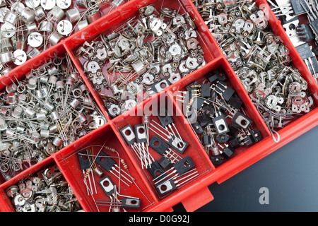 Close up of potentiometers triac and transistors Boxed Electrical PCB component Stock Photo