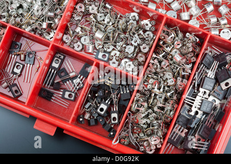 Close up of potentiometers triac and transistors Boxed Electrical PCB component Stock Photo