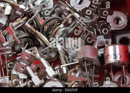 Close of potentiometers and other electrical components  Boxed electrical PCB component Stock Photo