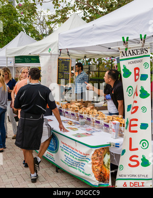 Bagel stall at the saturday morning Greenmarket at the end of Clematis Street, West Palm Beach, Treasure Coast, Florida, USA Stock Photo