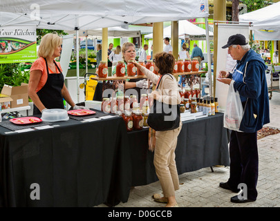 Stall selling spaghetti sauces at the saturday morning Greenmarket at the end of Clematis Street, West Palm Beach, Florida, USA Stock Photo