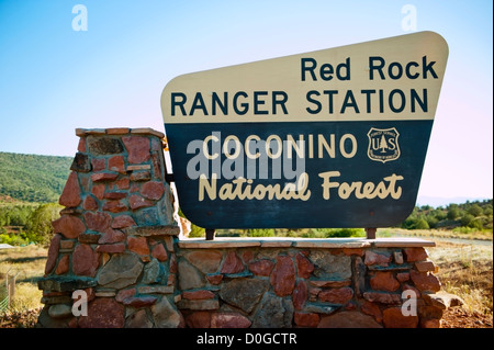 A sign for Red Rock Ranger Station near Sedona Arizona in the Coconino National Forest Stock Photo