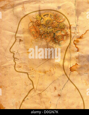 Man with gears in the head - mechanical brain - intelligence - thinking - in grunge style Stock Photo