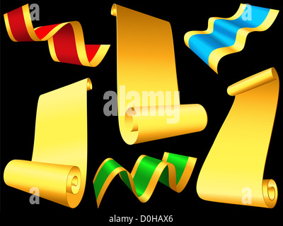 vector red, blue, green shiny ribbons and paper scrolls on the black background Stock Photo