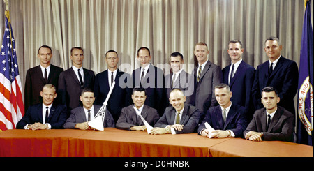 Astronaut Group Three announced on October 18, 1963. They are (seated, left to right) Edwin E. Aldrin Jr., William A. Anders, Ch Stock Photo