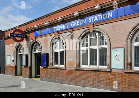 Stepney Green London underground train station sign Victorian facade & pavement entrance to the District Line in Mile End Road East London England UK Stock Photo