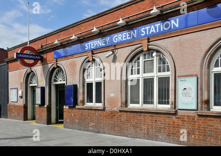 Victorian facade & pavement entrance to Stepney Green London underground train station on the District Line in Mile End Road East London England UK Stock Photo
