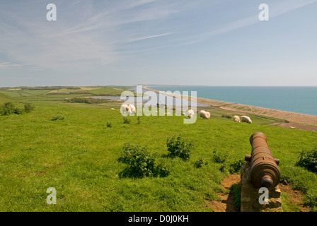 Close to the south west coast path near Abbotsbury, Dorset, looking east towards Chesil Beach an the distant Isle of Portland Stock Photo