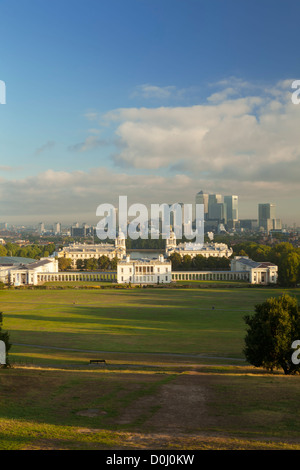 A view of Canary Wharf from Greenwich Park and the Royal Obervatory. Stock Photo