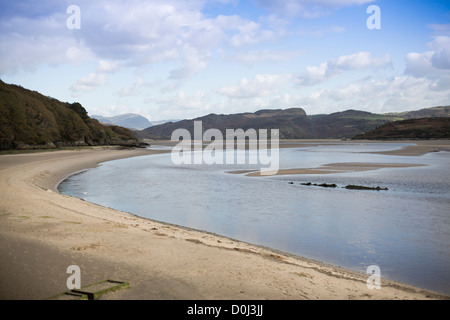 General view from Portmeirion of River Dwyryd. The village was designed and built by Sir Clough Williams-Ellis in North Wales. Stock Photo