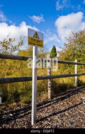 Danger deep water sign post with water behind Stock Photo - Alamy