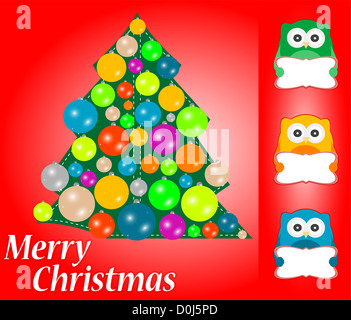 merry christmas card design. cute owls with blank card Stock Photo