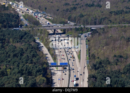 Aerial view of  M25 Junction 10 where the motorway meets the A3. Stock Photo