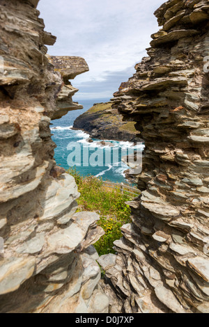 Remains of a medieval coastal clifftop castle Tintagel, Cornwall, England, United Kingdom, Europe Stock Photo