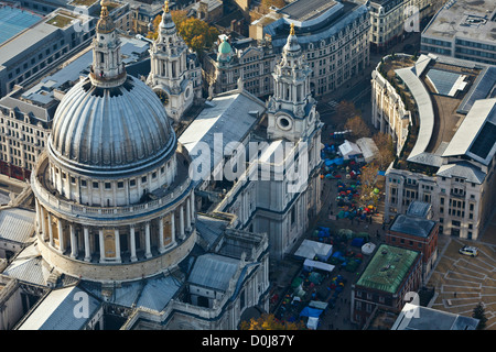 Aerial view of St Pauls Cathedral in London with adjacent anti-capitalist protestor's encampment.
