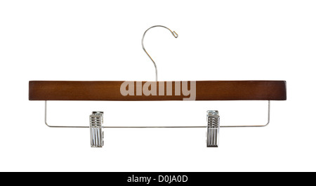 A new trouser hanger with metal clips on a white background.