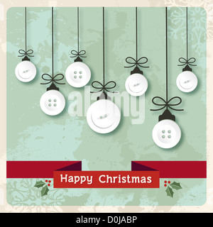 Vintage Christmas hanged baubles made of clothing buttons over grunge background. EPS10 vector with no open shapes or strokes ordered in layers for easy editing.editing. Stock Photo