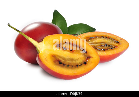 Tamarillo fruits with leaves isolated on white background. Stock Photo