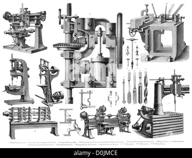 Collection of machines from the industrial revolution including a steam drilling machines Stock Photo