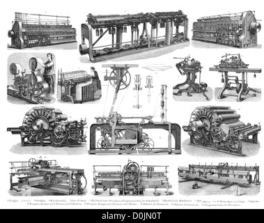 Collection of machines from the industrial revolution, including a  Multi thread spinning machine or mule, and a weaving machine Stock Photo