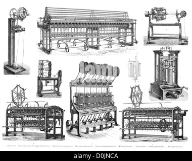 Collection of machines from the industrial revolution, including a Lace making machine, Winding machine and Twisting machine Stock Photo