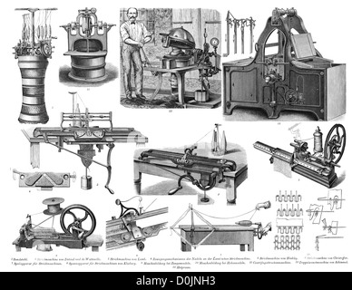 Collection of machines from the industrial revolution, including a hat press, washing machine, knitting and spinning machines Stock Photo