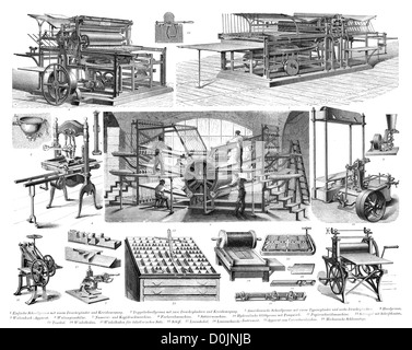 Collection of machines from the industrial revolution, including old printing presses Stock Photo