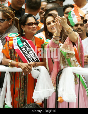 Indian actress Preity Zinta and Prime Minister of Trinidad and Tobago, Kamala Persad Bissessar India Day Parade on Madison Stock Photo