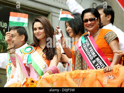 Indian actress Preity Zinta and Prime Minister of Trinidad and Tobago, Kamala Persad Bissessar India Day Parade on Madison Stock Photo