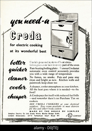 Original 1950s vintage print advertisement from English magazine advertising Creda electric cookers circa 1953 Stock Photo