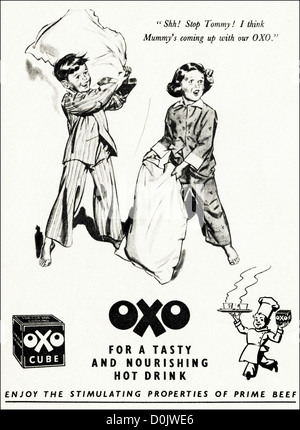 Original 1950s vintage print advertisement from English magazine advertising Oxo hot beef drink circa 1953 Stock Photo