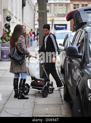 Footballer Mikel Arteta and wife Lorena Bernal in central Liverpool after the announcement that Arteta has committed his future Stock Photo