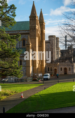 Buckfast Abbey, Buckfastleigh, Devon, England. November 26th 2012. Buckfast Abbey entrance while undergoing work. Stock Photo