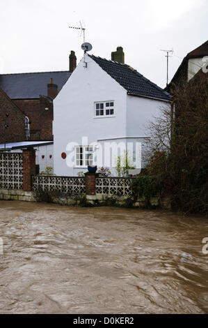 Heavy rain has brought flooding to many parts of the UK with North Yorkshire being particularly badly hit.  Here Cod Beck which flows through the market town of Thirsk has burst its banks and is threatening adjacent houses. 27th November 2012. Stock Photo