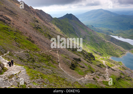 View from Pyg Track over Glaslyn and Llyn LLydaw in the Snowdonia National Park. Stock Photo