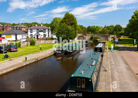 Narrow boats on Llangollen Canal. Stock Photo