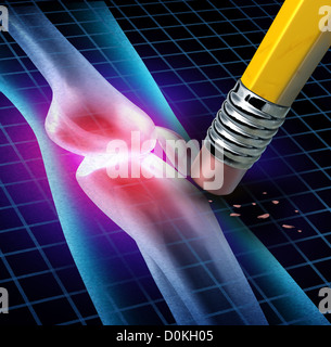 Human Knee pain relief with an x-ray of a body anatomy with the painful area being erased by a pencil as a health care medical. Stock Photo