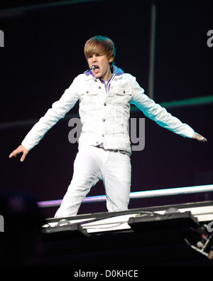 Justin Bieber performs during the 'My World' tour at the Air Canada Centre. Toronto, Canada. Stock Photo