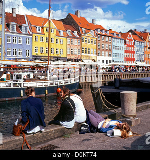 Nyhavn Harbour Copenhagen Denmark young women relaxing on the quay quayside canal harbor Scandinavia Europe EU  KATHY DEWITT Stock Photo