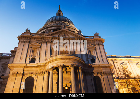 Detail of St. Paul's Cathedral lit up as the evening darkness sets in. Stock Photo
