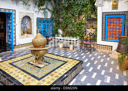 traditional courtyard at Sidi Bou Said, Tunis, Tunisia Stock Photo