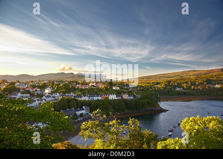 view on Portree with the Old Man of Storr on background, Isle of Skye, Scotland Stock Photo