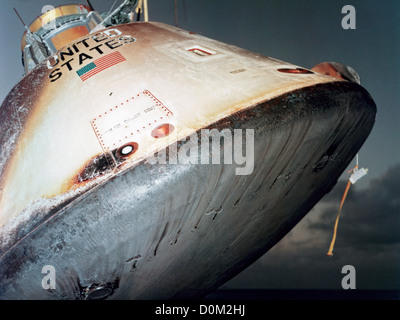 Apollo command module AS201 hoisted aboard USS Boxer during recovery unmanned suborbital mission. AS-201 was successful Stock Photo