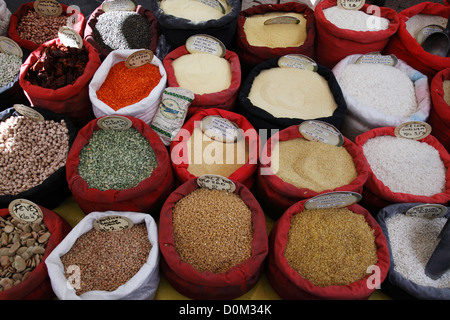 Oriental pulses (peas, lentils) and grains (rice, bulgur, semolina, couscous, wheat) for sale on food market Stock Photo