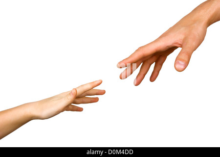 small child's hand reaches for the big hand man isolated on white background Stock Photo