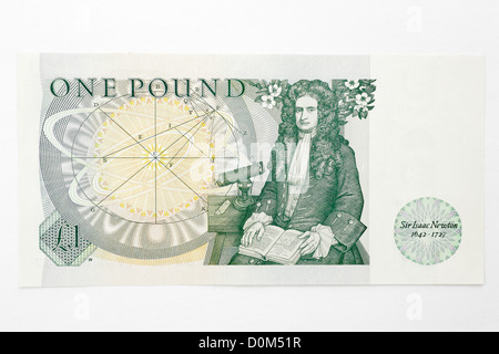 Green Bank of England 1 one pound note sterling British English UK with portrait of Sir Isaac Newton famous physicist on reverse Stock Photo
