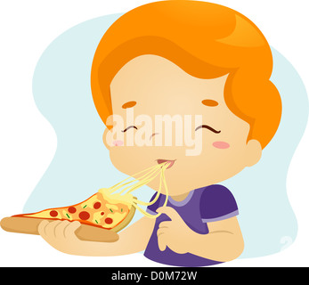 Illustration of a Boy Happily Eating a Slice of Pizza Stock Photo
