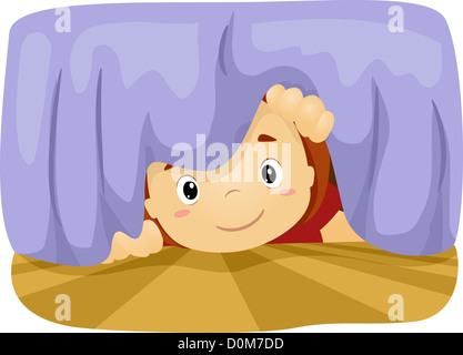 Illustration of a Boy Taking a Peek Under the Bed Stock Photo