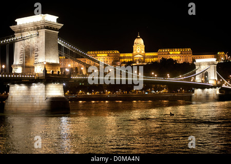 Night view of Széchenyi Chain Bridge over the Danube River in Budapest, the capital of Hungary. Stock Photo