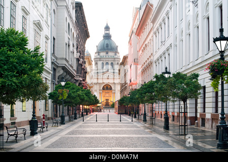 Dawn view of Saint Stephen's Basilica from Zrínyi Utca in Budapest, the capital of Hungary. Stock Photo